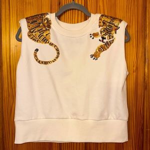 Queen of Sparkles Sz S white cropped tiger shoulder sweatshirt.